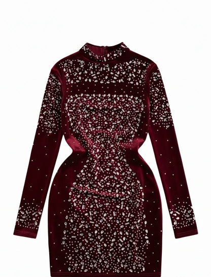 🍒Bodycon o-nek langmou rok glitter strass uitrusting fluweel sjiek oesjaarstyl klere sjiek herfsmode partytjie geleentheid drag Kry Wyn Stoned
