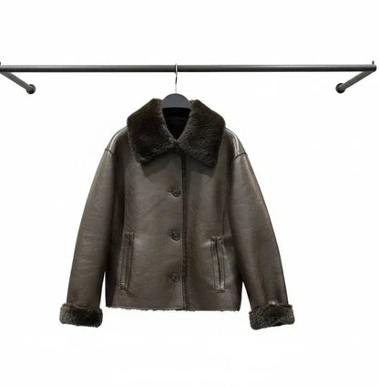 🍒Faux leather Jackets brown women long-sleeve reversible outerwear smart casual women stylish and unique Lavish In Leather or Flip To Fur