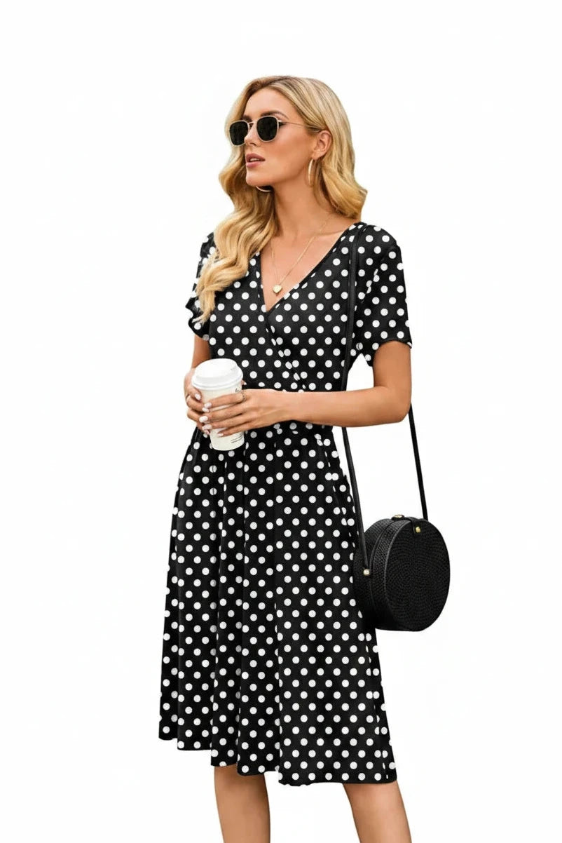 🍒Printed v-neck a-line short sleeve dress floral with high waist over knee outfits for summer womens fashion clothing beachwear holiday clothing A Bunch Of Beautiful Florals