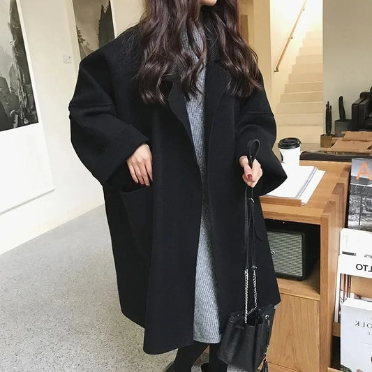 🍒 冬季羊毛风衣女中长款宽松百搭简约时尚女装，超大外套夹克，商务休闲女款外套，口袋设计，帅气夹克。