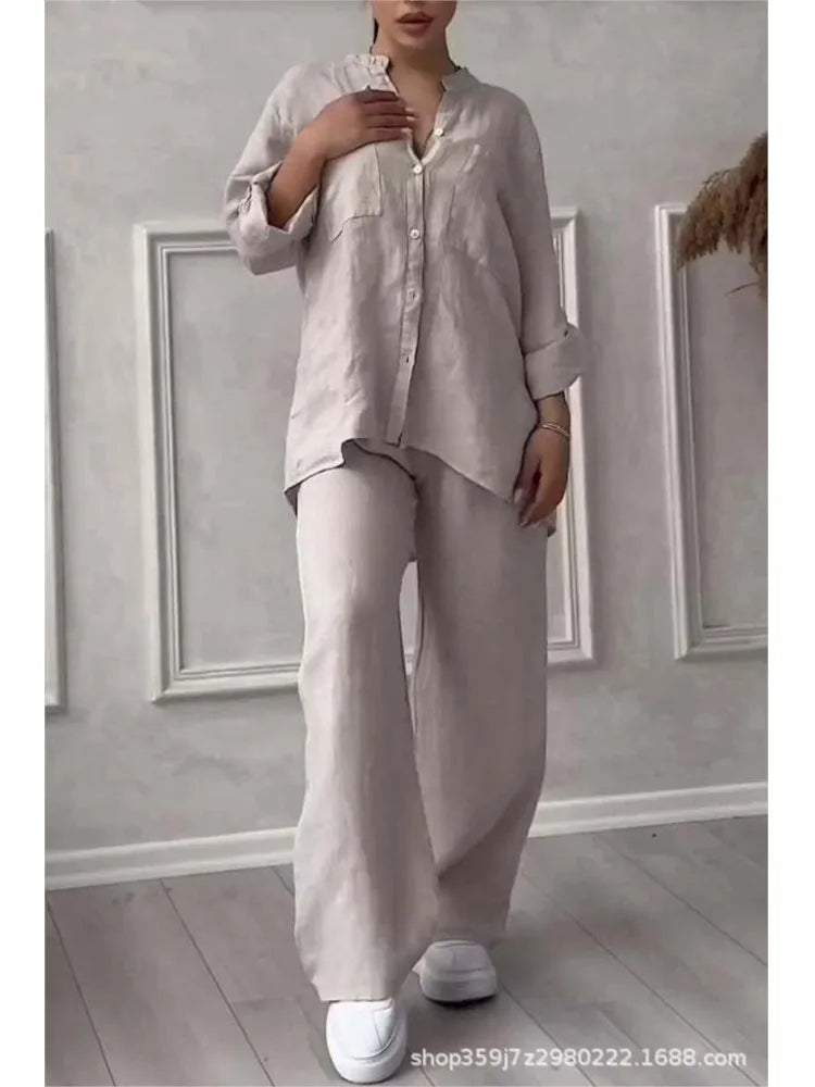 🍒two piece sets casual long sleeve womens shirt with pockets and fashion loose wide leg pants outfit smart casual clothes         Ba-sick