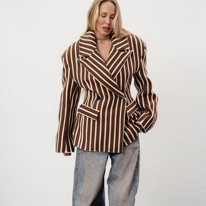 🍒Gestreepte baadjie, volmou-baadjie vir dames met gekerfde lapelkraag, dubbelbors lentejas, mode drag, kantoorklere   Look Sjokolade In Oranje