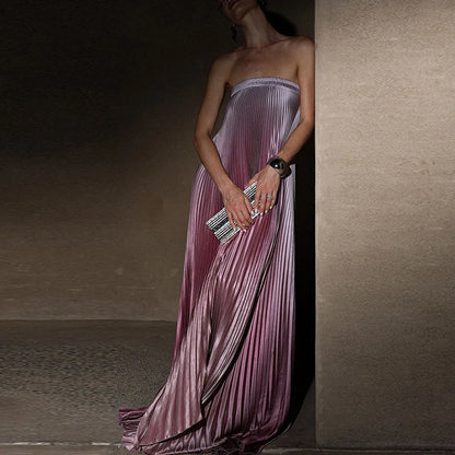 🍒Bandeau maxi evening dress sleeveless design outfit shoulderless gradient long pleated women's irregular fashion occassion partywear