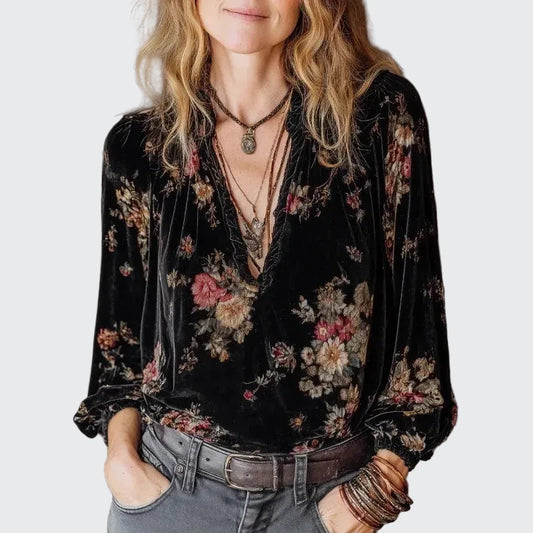 🍒Velvet printed top retro pullover top women's vintage blouse v-neck black long sleeved shirt women gold vacation clothing  Pick This Soft Velvet Rose
