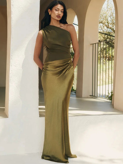 🍒Mixed media outfit satin one shoulder maxi dress brown sleeveless evening dress for  Summer slim elegant party clubwear Look SMOOTH In CHOCOLATE