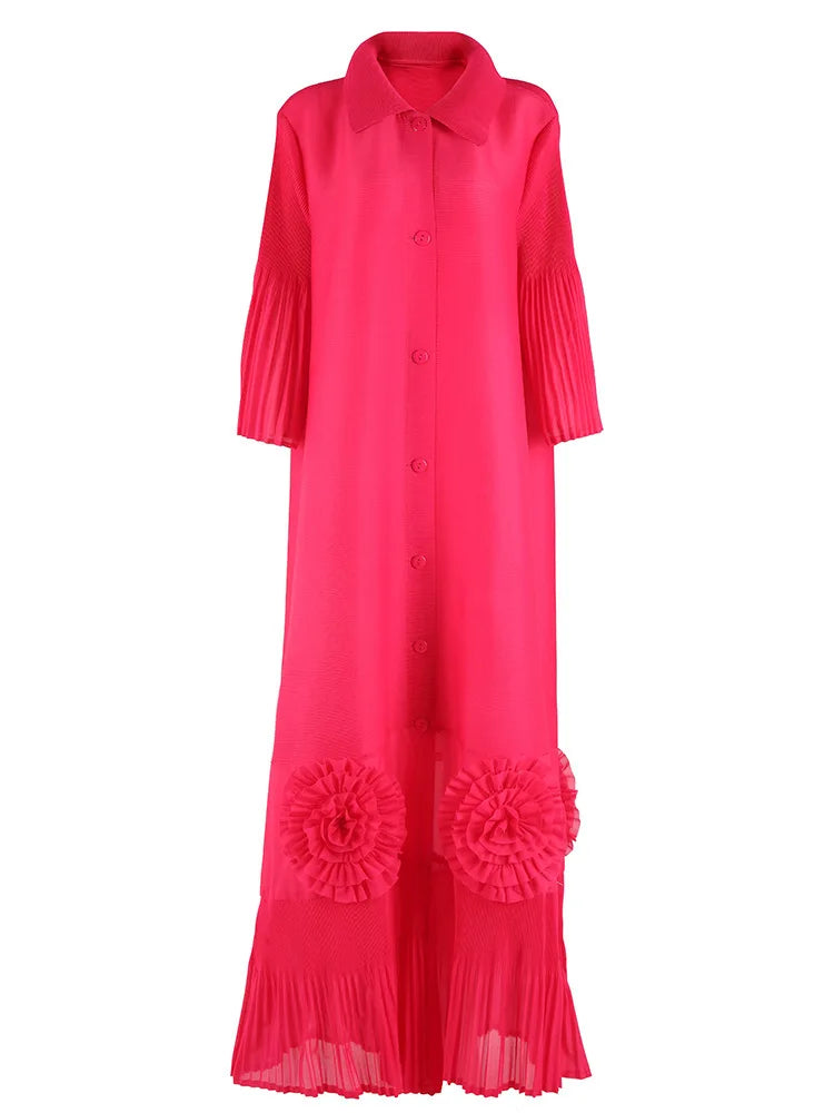 🍒Loose women's dress high-end chic lapel outfit with flared sleeves 3d floral fashion maxi  single breasted coat dress party occasion wear Flowers At Your Feet frock