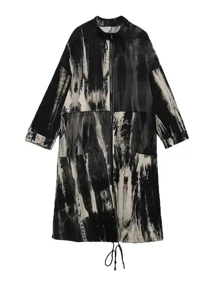 🍒Tie dye trench coat with stand up collar big size long outerwear long sleeve loose fit windbreaker fashion spring autumn wear Get the R'white Black This Season