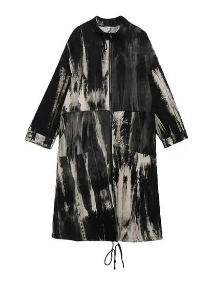 🍒Tie dye trench coat with stand up collar big size long outerwear long sleeve loose fit windbreaker fashion spring autumn wear Get the R'white Black This Season