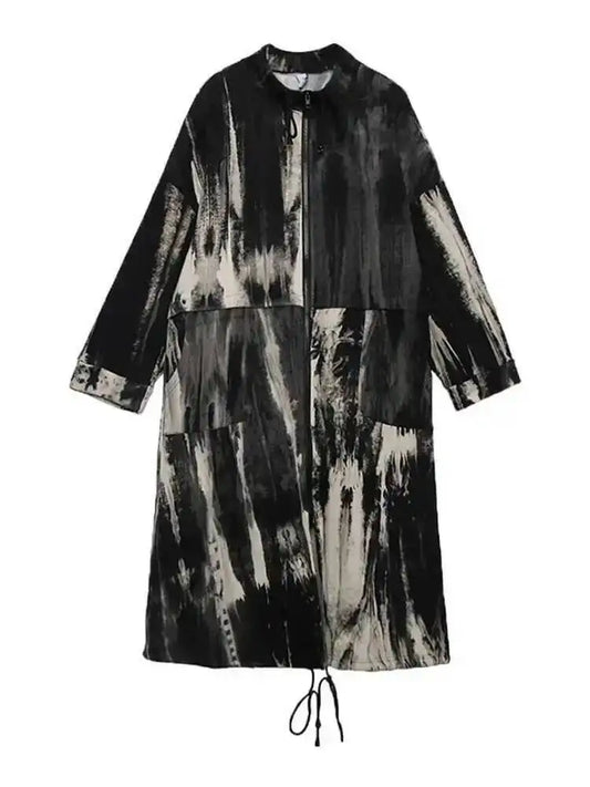 🍒Tie dye trench coat with stand up collar big size long outerwear long sleeve loose fit windbreaker fashion spring autumn wear Get the R'white Black This Season