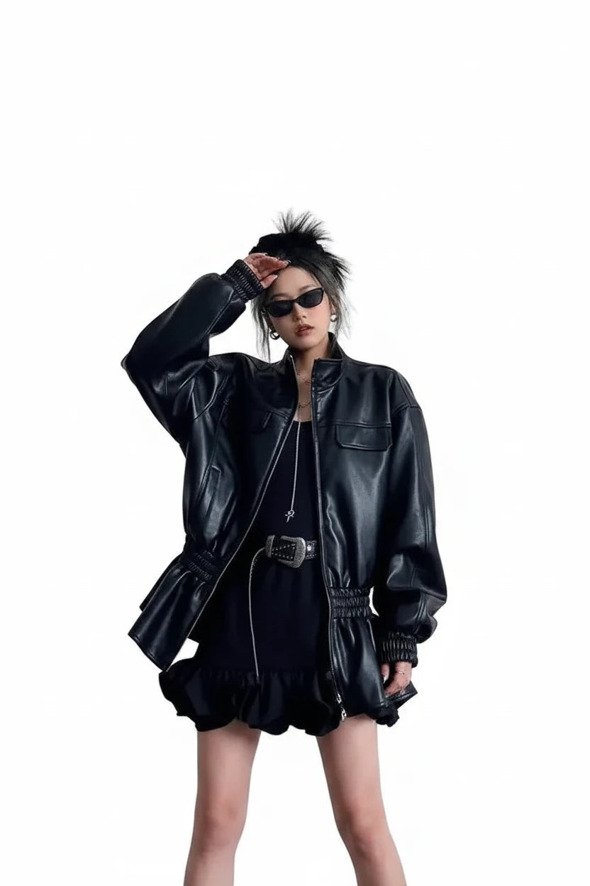🍒Black pu leather jacket elastic waist ruffle hem coat with elasticated waist for women long sleeve loose fit fashion autumn spring female smart casual outerwear EXPAND Your look with This ELASTICATED waist
