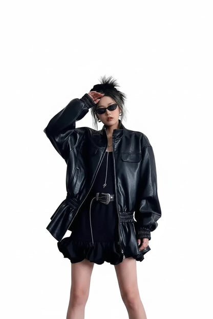 🍒Black pu leather jacket elastic waist ruffle hem coat with elasticated waist for women long sleeve loose fit fashion autumn spring female smart casual outerwear EXPAND Your look with This ELASTICATED waist
