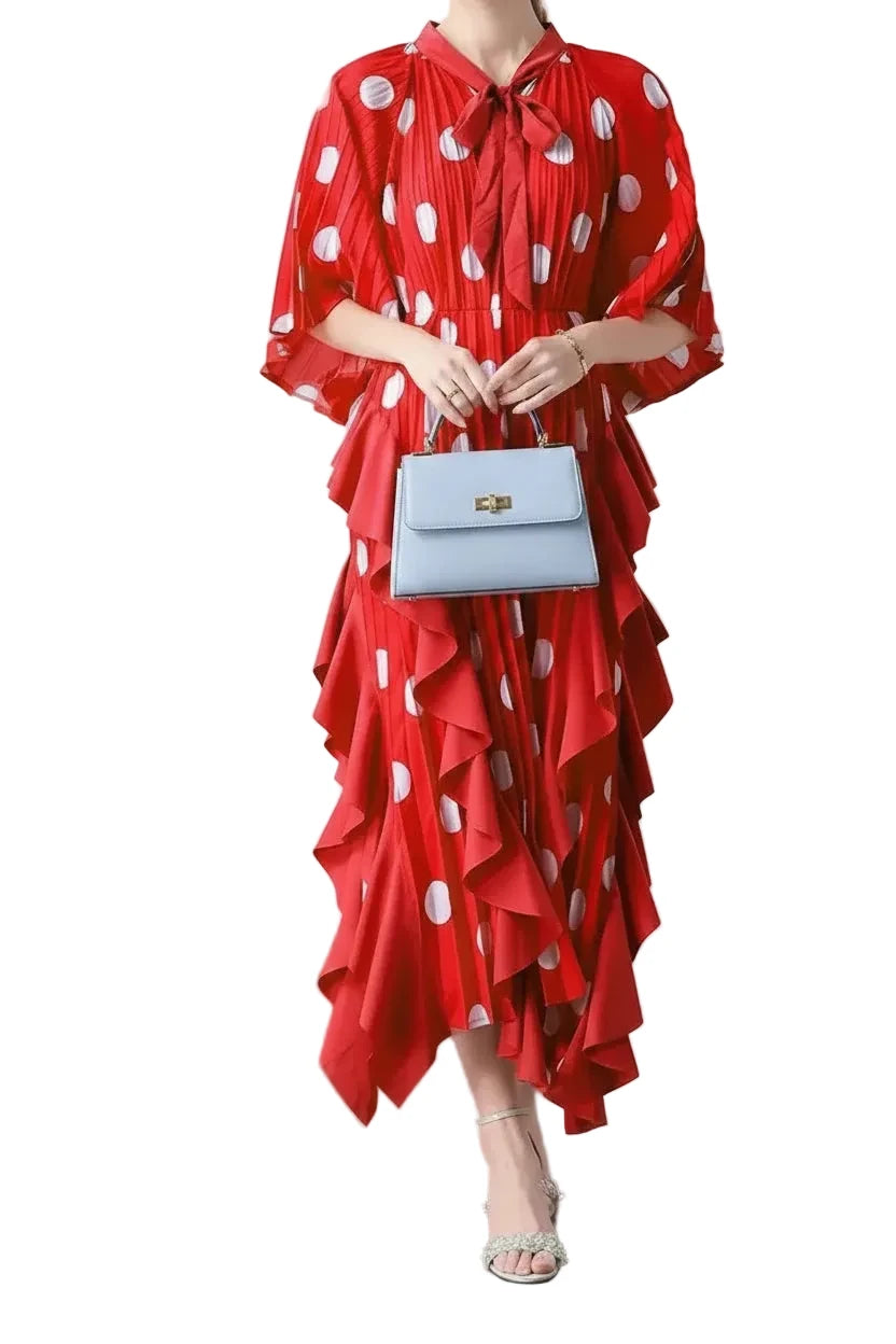 🍒Dress with polka dots simple pleats and ruffled edges summer outfit looks long loose fit smart primted casual wear loose Fit clothing and Slimming Effect  party occasion clothing Lucky You Spotted this Spot