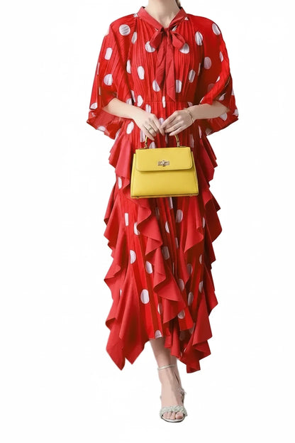 🍒Dress with polka dots simple pleats and ruffled edges summer outfit looks long loose fit smart primted casual wear loose Fit clothing and Slimming Effect  party occasion clothing Lucky You Spotted this Spot