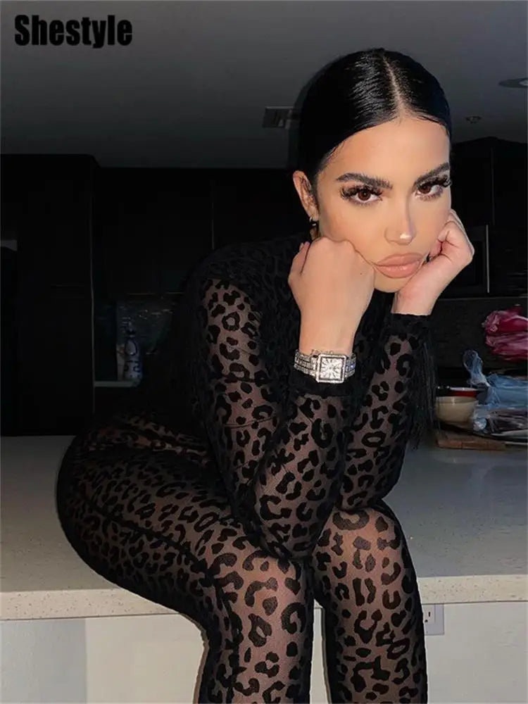 🍒Shestyle leopard transparent Jumpsuit skinny one piece for women mock neck black animal print clothing transparent outfit slim clubwear partywear fashion