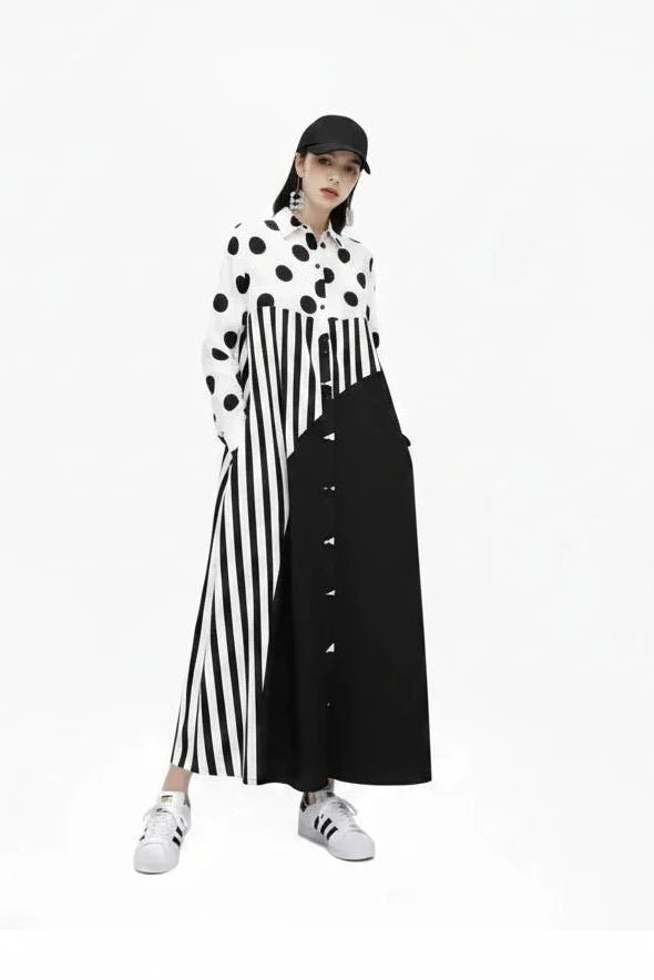 🍒Long sleeve loose fit shirt dress plus size woman black outfit with Dots striped fashion printed large smart casual dresses Spot The Stripes