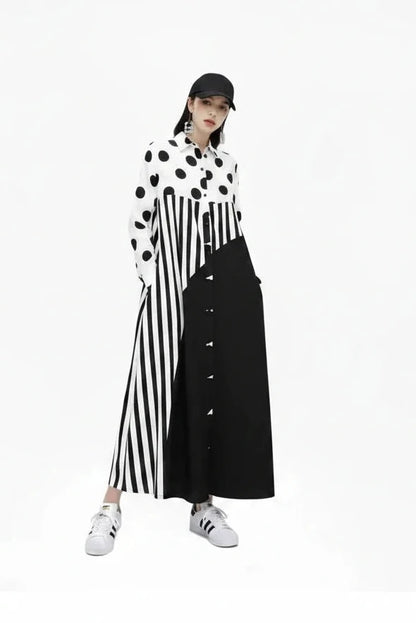 🍒Long sleeve loose fit shirt dress plus size woman black outfit with Dots striped fashion printed large smart casual dresses Spot The Stripes