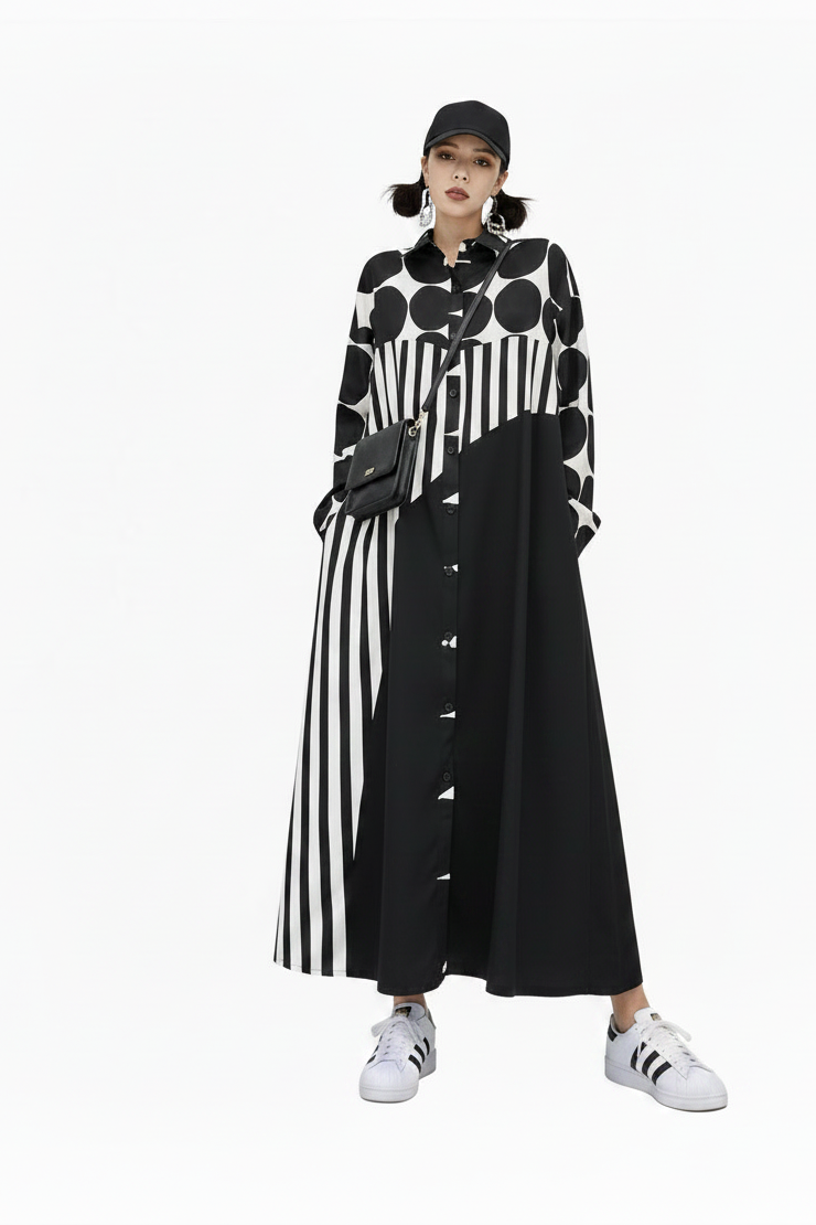 🍒Long sleeve loose fit shirt dress plus size woman black outfit with Dots striped fashion printed large smart casual dresses Spot The Stripes