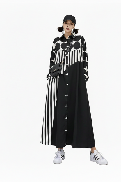 🍒Long sleeve loose fit shirt dress plus size woman black outfit with Dots striped fashion printed large smart casual dresses Spot The Stripes