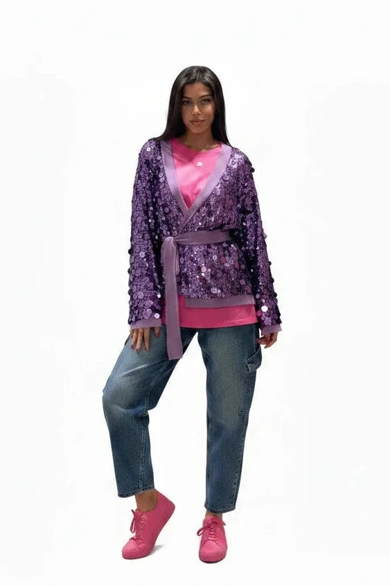 🍒Sequins bow tie jacket party long sleeve fashion short coat womens glitter party wear v-neck female long sleeve loose tops They Will SE'A Green When You Shimmer In This Winner