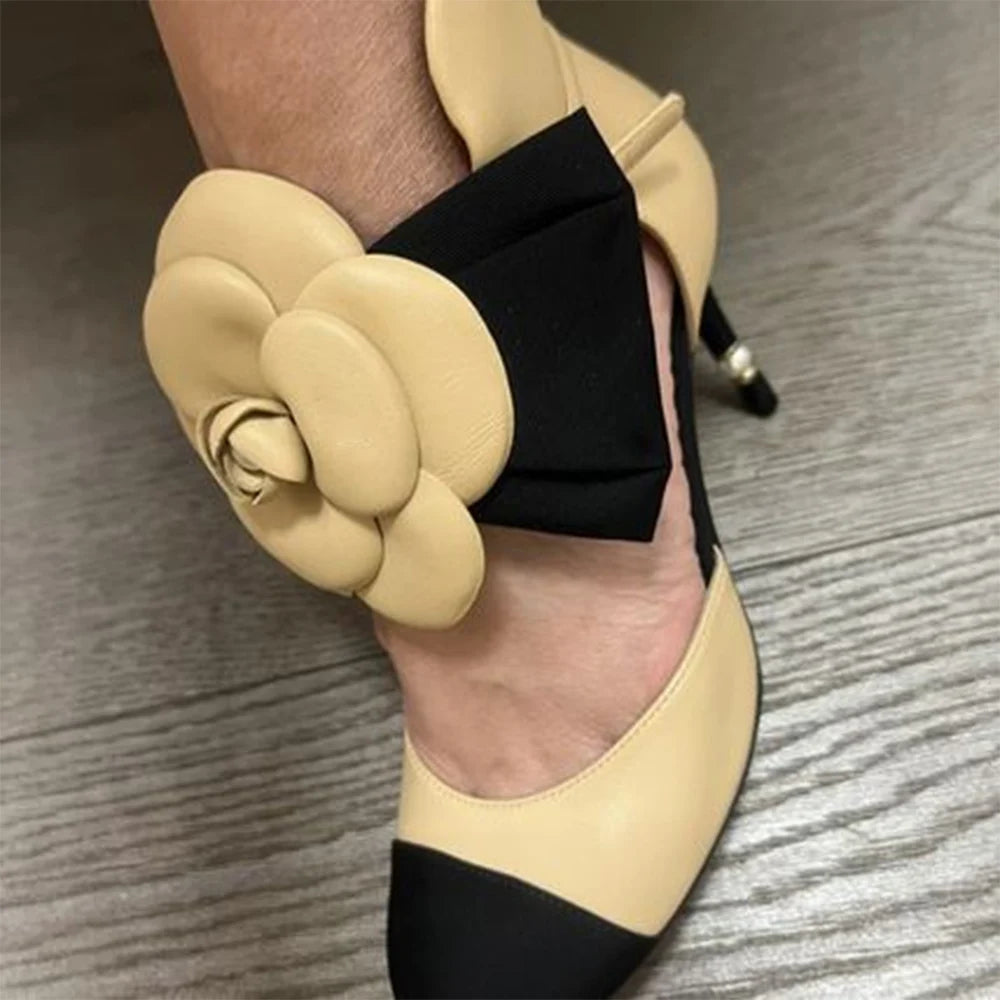 🍒Round toe floral high heels pearl design shoes sandals camellia flower straps stiletto with bow fashion footwear for women Mary Janes two tone Get Your Toes In A Rose