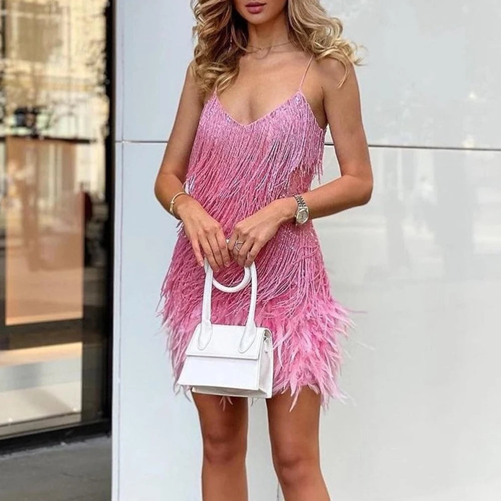 🍒Fringed mini dress backless short sphaghetti straps with feathers for Women Sequin wedding guest outfit v-neck party wear occasion clothing Feel LIGHT-hearted in FEATHERS