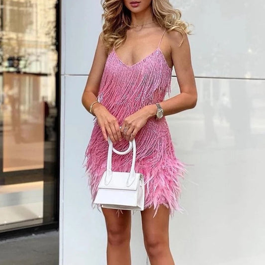 🍒Fringed mini dress backless short sphaghetti straps with feathers for Women Sequin wedding guest outfit v-neck party wear occasion clothing Feel LIGHT-hearted in FEATHERS