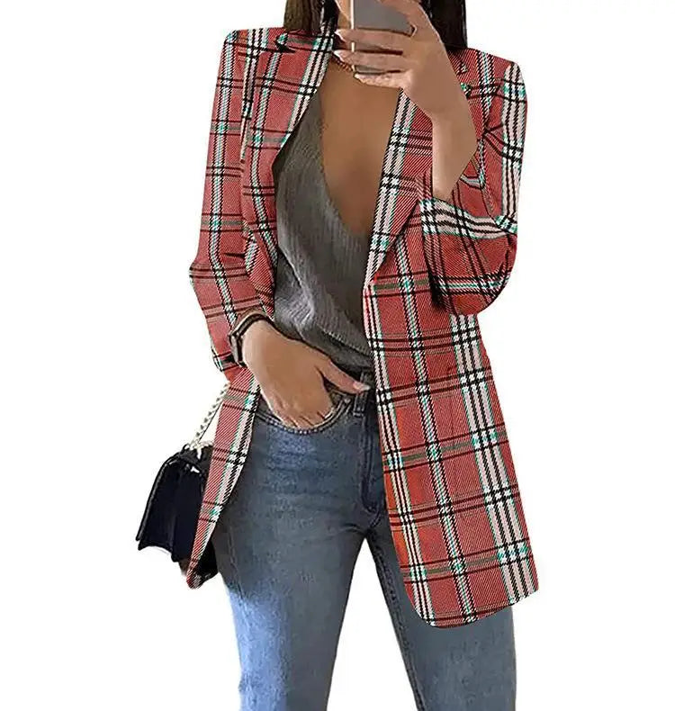 🍒Womans plaid blazer spring autumn long sleeve light coat with lapel plus size jacket office wear Slim female casual clothes Profesh’ Playful Plaids
