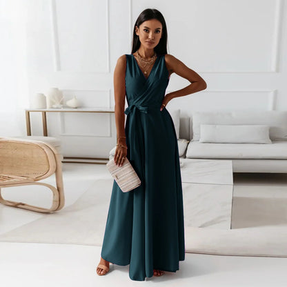 🍒Elegant party dresses for women v-neck sleeveless belt evening wear solid colour occasion wear outfit party wear maxi fashion Feminine Female Fashion Flair