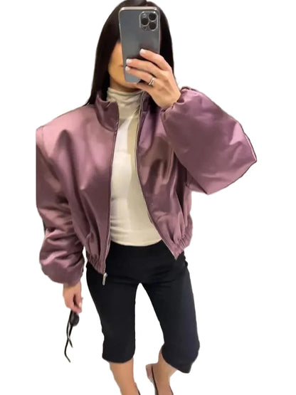 🍒Langmou-bomberbaadjie vir vroue, met ritssluiting en opstaande kraag, buiteklere kort gemaklike baadjie soliede sjiek vroulike satynklere mode Mauve Is In