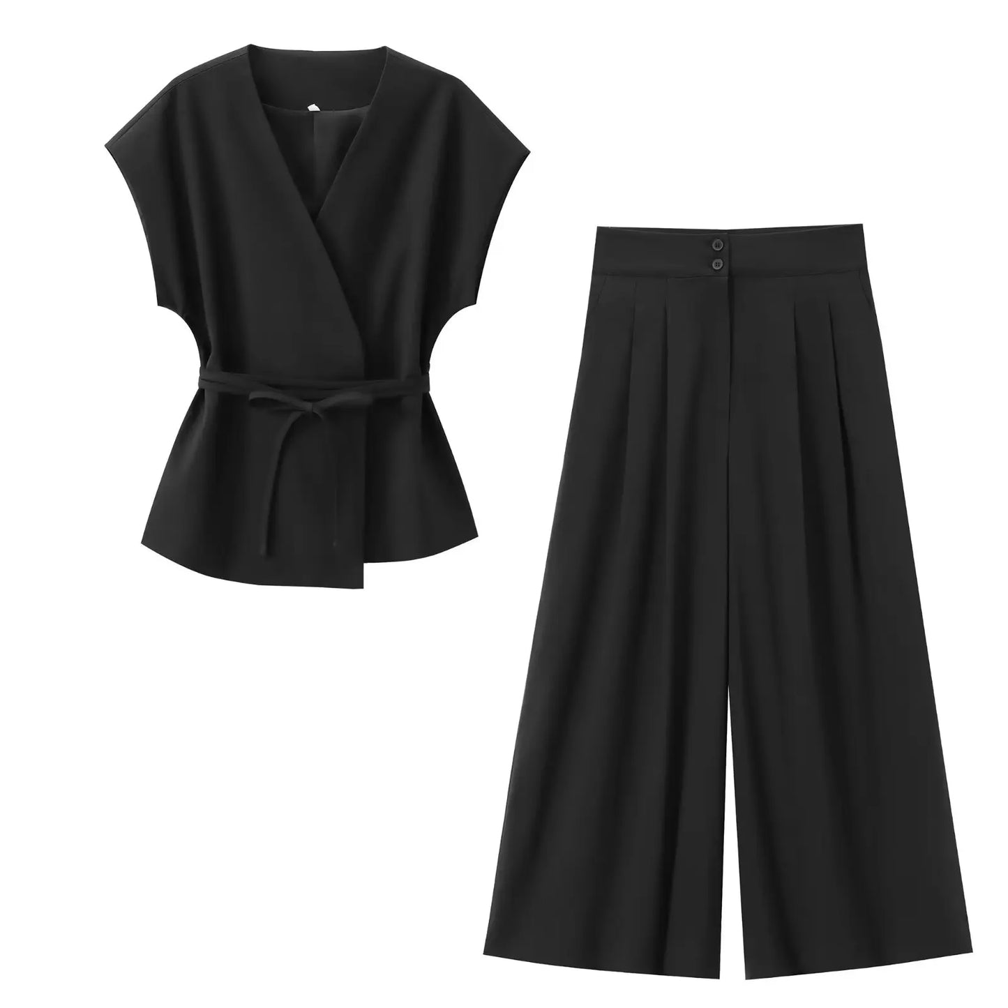 🍒Trouser suits for women sleeveless v-neck top with belt and straight pants wide leg sets spring summer clothing smart casual clothes party occasion wear two piece Two Piece Ease
