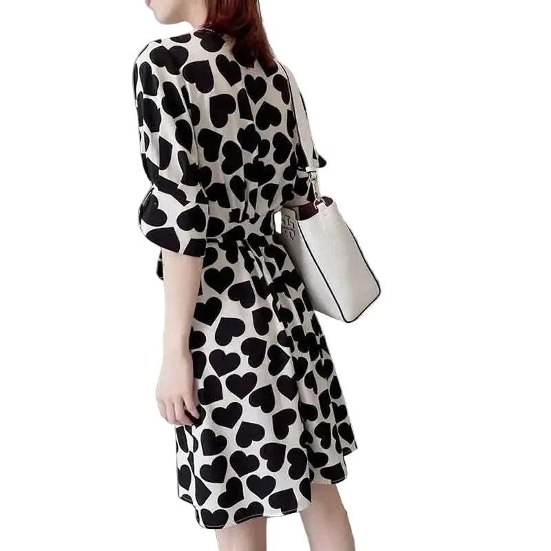 🍒Elegant love heart printied belt dresses summer short puff sleeve outfit v-neck midi dress black and white fashion wear women's clothing with three quarter sleeves You Will LOVE This HEART