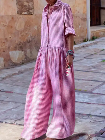 🍒Plaid jumpsuit women's casual fashion long sleeve wide leg playsuit pants loose holiday clothing