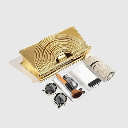 🍒Handwoven style Women's gold crossbody bag clutch handle occasion handbags smart casual strands pu material soft Texture triangle shape shoulder bag Strands Of Style