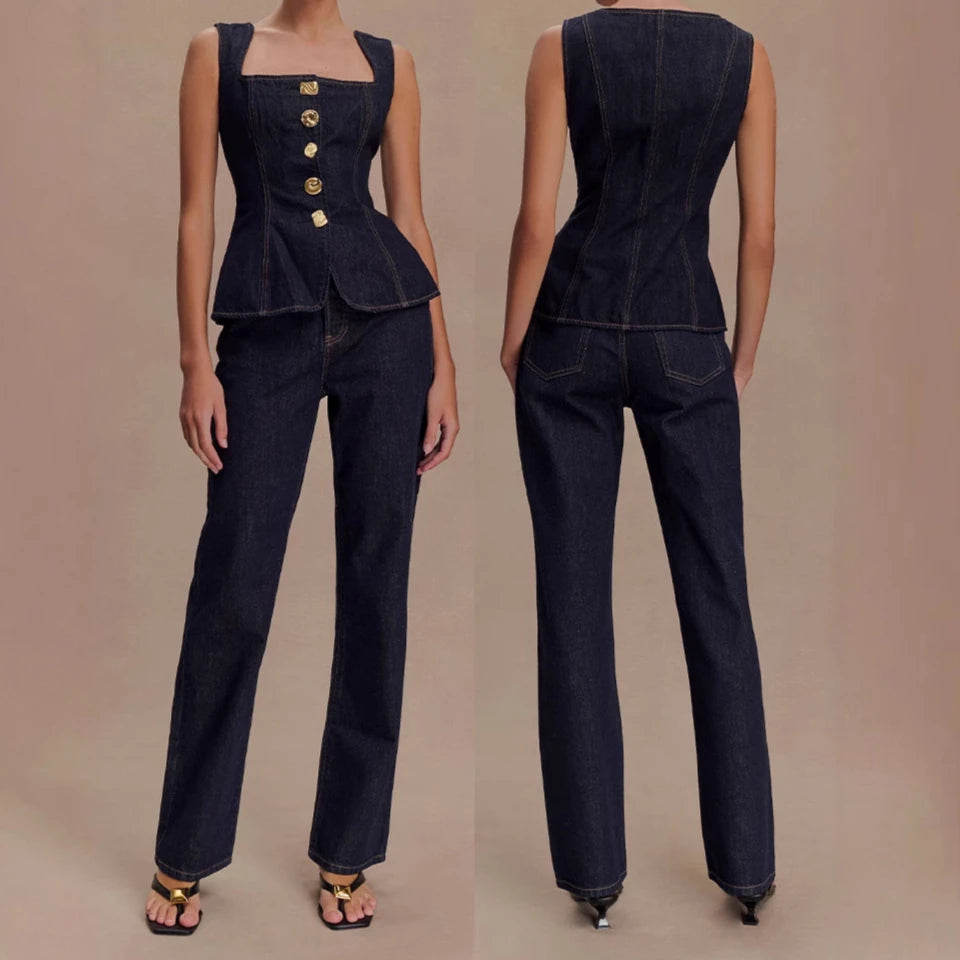 🍒Tweestukstelle vir vroue stukstelle ma-jeans moulose denimtoppies en jeansstel langbroeke hoë middellyf Y2k-styl mode elegante werksklere alles wat pas Kry hierdie enkelbors dubbele denim en jy sal trippel opgewonde wees