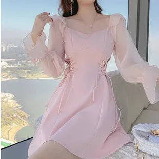🍒Pienk rokke vroue lente somer lieflingneklynuitrusting a-lyn mini rok met pofmoue kantopryg trekkoordkante middel vroulike mode A- Pragtige Pienk