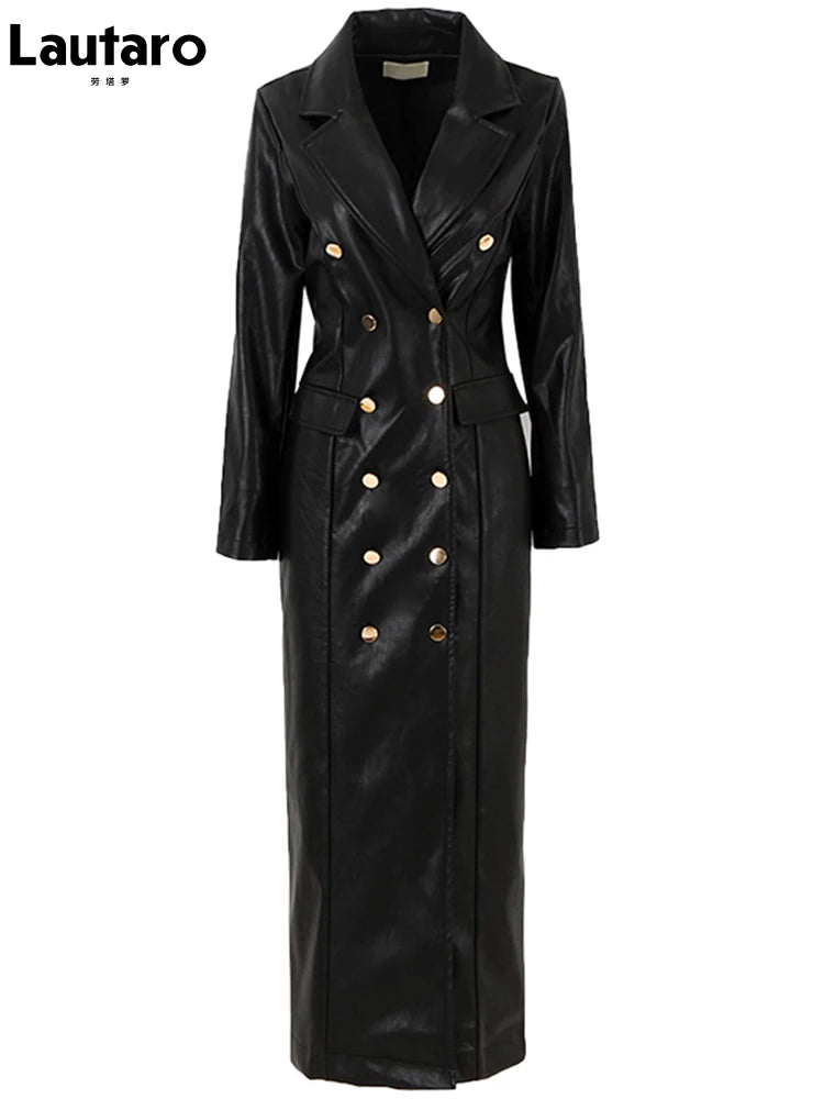 🍒Ekstra lang kunsleer trenchcoat vir dames dubbelbors luukse elegante lang slim gemaklike pu-oorjas Bly OP HOOGTE van DUBBEL neem-klere