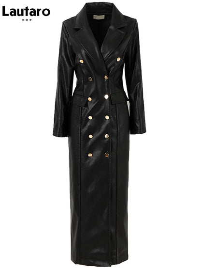 🍒Ekstra lang kunsleer trenchcoat vir dames dubbelbors luukse elegante lang slim gemaklike pu-oorjas Bly OP HOOGTE van DUBBEL neem-klere