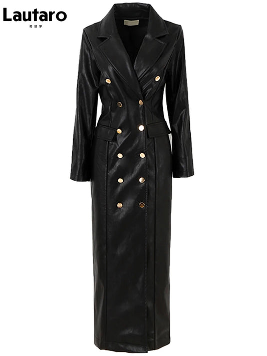 🍒Extra long faux leather trench coat for women double breasted luxury elegant long smart casual pu outerwear Keep aBREAST of DOUBLE take clothing