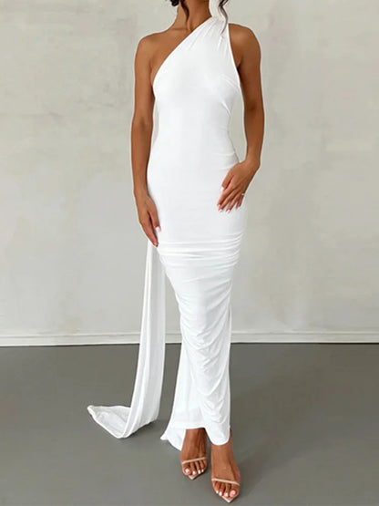 🍒One shoulder sleeveless dress backless maxi neon Y2K occassion outfits for women ruched maxi dress clubwear  birthday clothing party evening wear prom frock No BODY Will Be CROSS with this