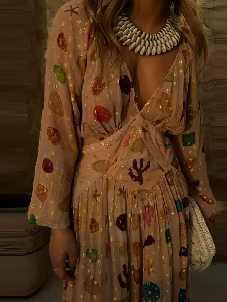 🍒Maasrok vir vroue met V-nek, langmou, drapeer-maxi-uitrusting, boho somerpartytjieklere, geleentheidrokke Hierdie diamant Is Goud