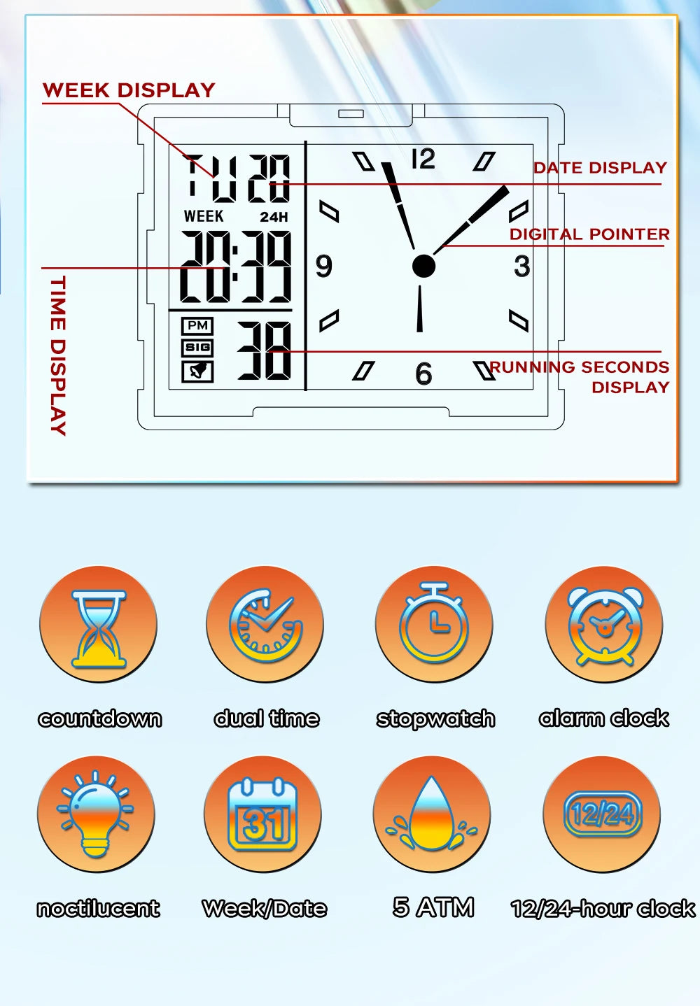 🍒Fashion electronic watches unisex luminous calendar time piece waterproof clock outdoor sports Casual Ladies Digital Wristwatch  Face The Day With A Big Face
