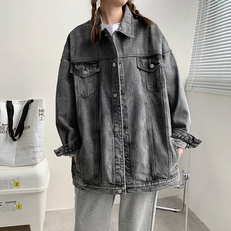 🍒Jeans jacket women coats big pockets female oversize denim jacket shirt collar casual loose relaxed fit outerwear spring  autumn fashion Do-All Daily Denim