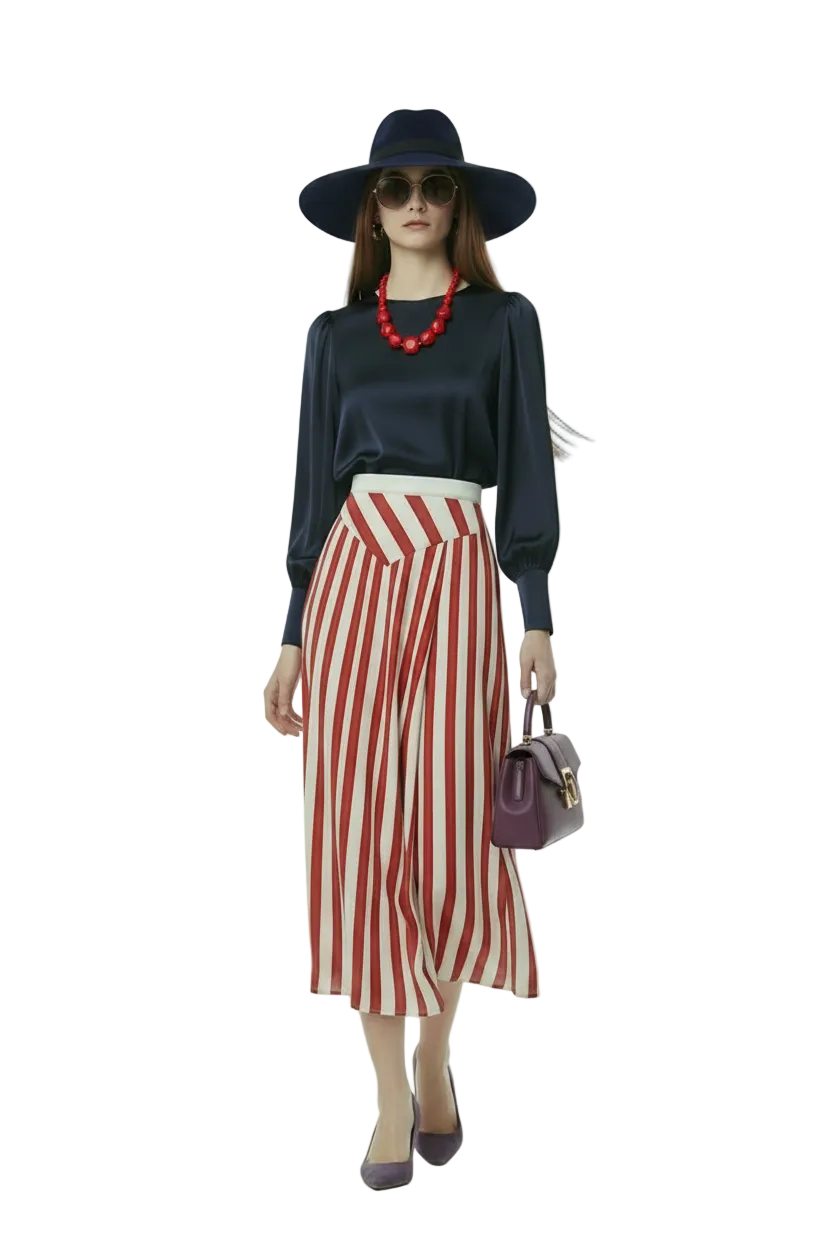 🍒French a line skirt striped high end exquisite hepburn midi skirt elegant smart casual wear women Office wear occasion wear Feel Candy In Stripes