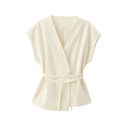 🍒Trouser suits for women sleeveless v-neck top with belt and straight pants wide leg sets spring summer clothing smart casual clothes party occasion wear two piece Two Piece Ease
