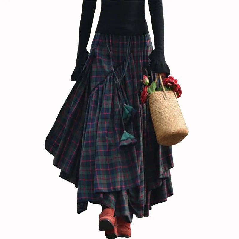 🍒Womens checked long skirt high waist long maxi tartan vintage clothing spring autumn fashion asymmetric flared skirts Get Out Green And Get Out Green