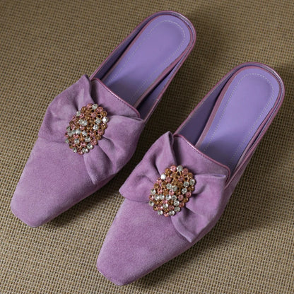 🍒Natural suede black flat mules with bow front slip on shoes for women leather square toe kitten heels flats summer footwear with crystal buckle flats 3cm kitten heel occasìon parry shoes Dont Slip On Slippers