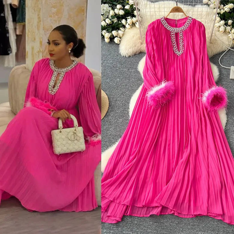 🍒Pleated long dress for women white maxi outfit wedding guest wear diamond and feather detail long sleeve elegant party occasion wear long sleeve club wear Look Diamond In Pleats