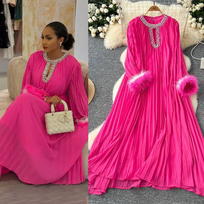 🍒Pleated long dress for women white maxi outfit wedding guest wear diamond and feather detail long sleeve elegant party occasion wear long sleeve club wear Look Diamond In Pleats