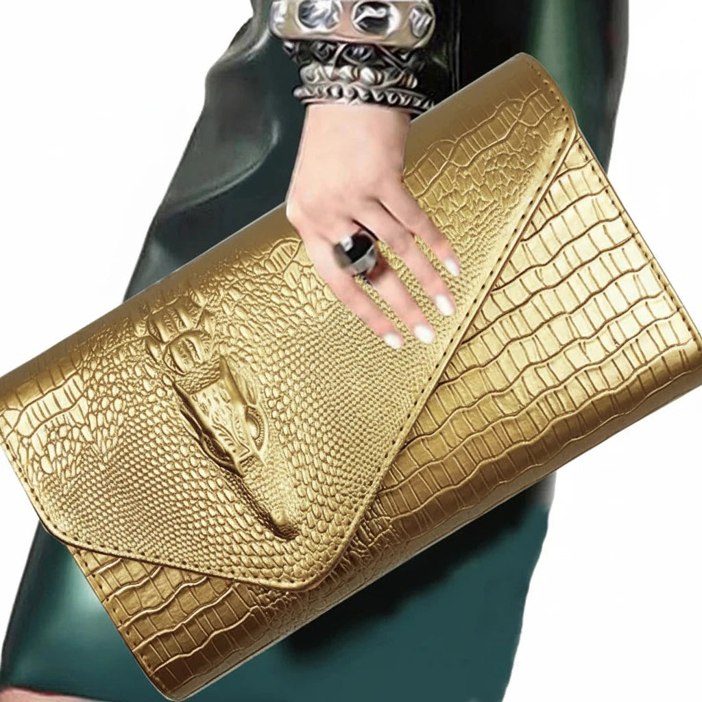 🍒Europe and america trendy clutch bags for women,designer fashion crocodile pattern under arm black envelope hand bag female large capacity bag Metalic gold available occasion clutch Cool Croco Clutch,Clickety Click Quick