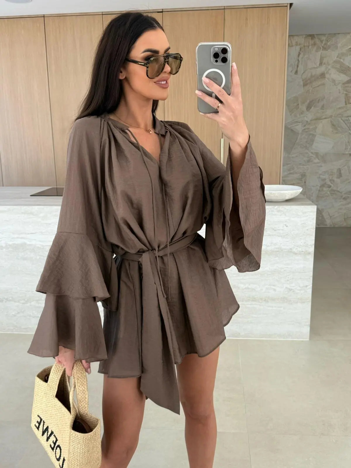 🍒Elegante opvourok vir vroue bruin diep v-nek langmou mini-rok vroulike lente somer los modeklere partytjie geleentheid drag Blouse Up In  a Dress